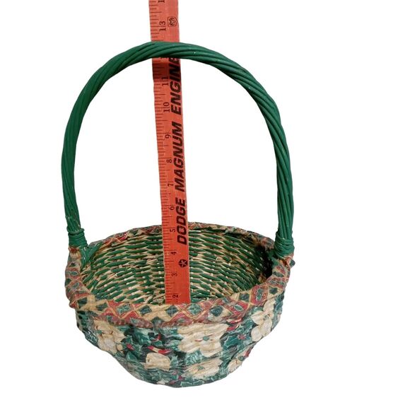 🎄🧺1980s Decoupage Wicker Basket Floral Red Green White Vintage Decor 💐 - Picture 9 of 16
